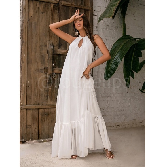 White Flowy Halter Cutout Maxi Flared Dress Backless Open Back - Picture 6 of 12